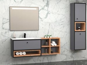 AQUANİL ESPERO 145 CM WHITE BATHROOM CABINET WITH SINK ANTHRACITE/DORADO