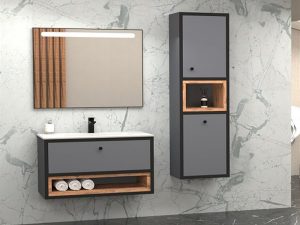 AQUANİL ESPERO 80 CM WHITE BATHROOM CABINET WITH SINK ANTHRACITE/DORADO